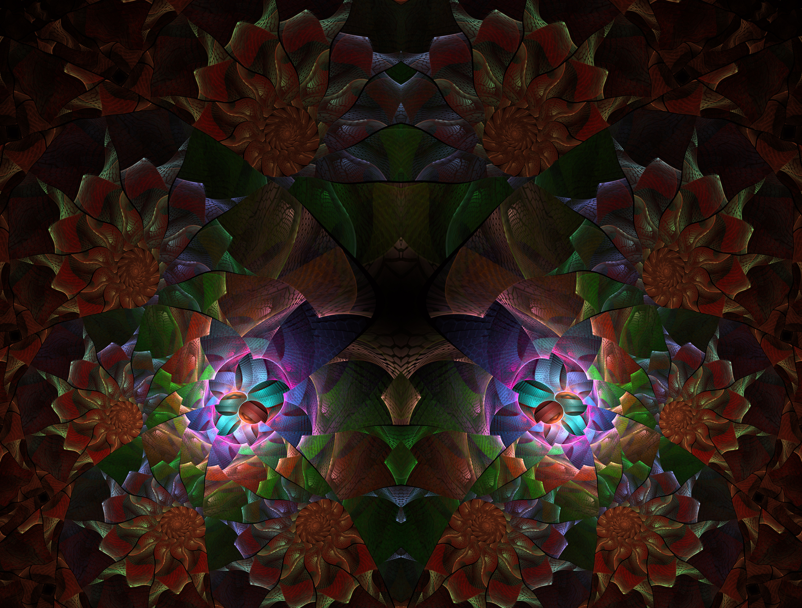 Colorful floral stained glass impression kaleidoscopic design. Beautiful toned mosaic pattern for art background, (fractal church stained glass abstraction)